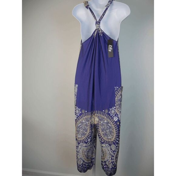 Women's Purple Geometric Print Racerback Pockets Cuffed Ankle Jumpsuit M - Picture 5 of 12